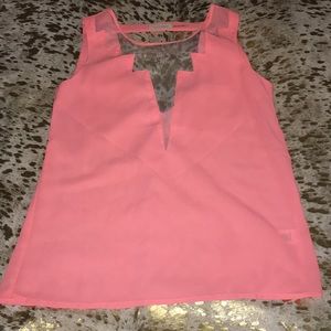 Bright coral low cut sheer top and open v back S